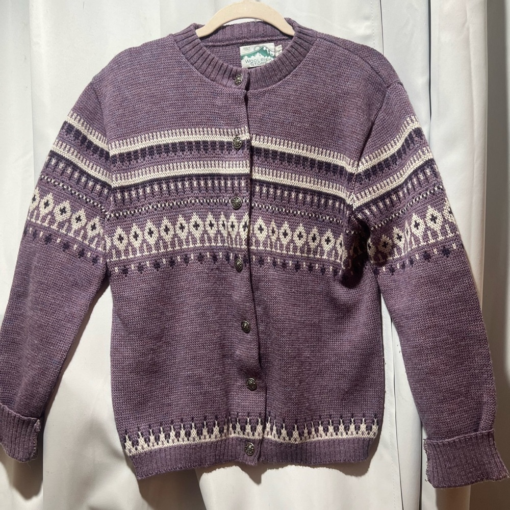 Woolrich Fair Isle Cardigan Sweater Purple Nordic Knit Button Front Sz Large - Picture 2 of 8